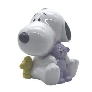 Snoopy & Woodstock Ceramic Piggy Bank & Purple Teddy Bear Vintage Collectible